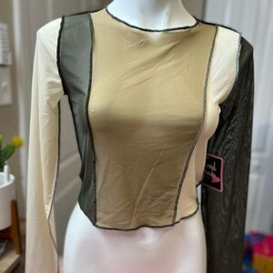 Mixed Threads Colorblock Sheer Mesh Crop Top Womens L Y2K Exposed Seam